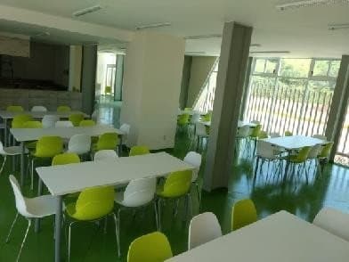 Cocina-comedor del albergue estudiantil con mesas blancas y sillas verdes
