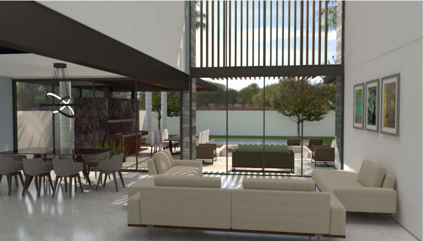 Render de la sala y el comedor de Cocoyoc I, abiertos hacia el jardín