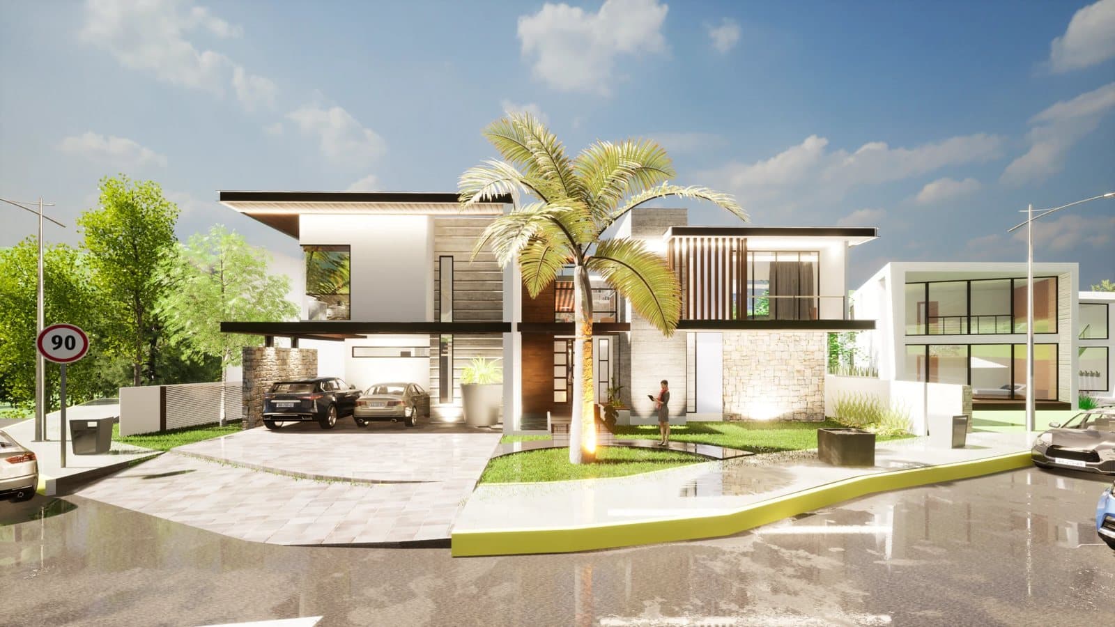 Render de la fachada de Cocoyoc II con cochera y palmera