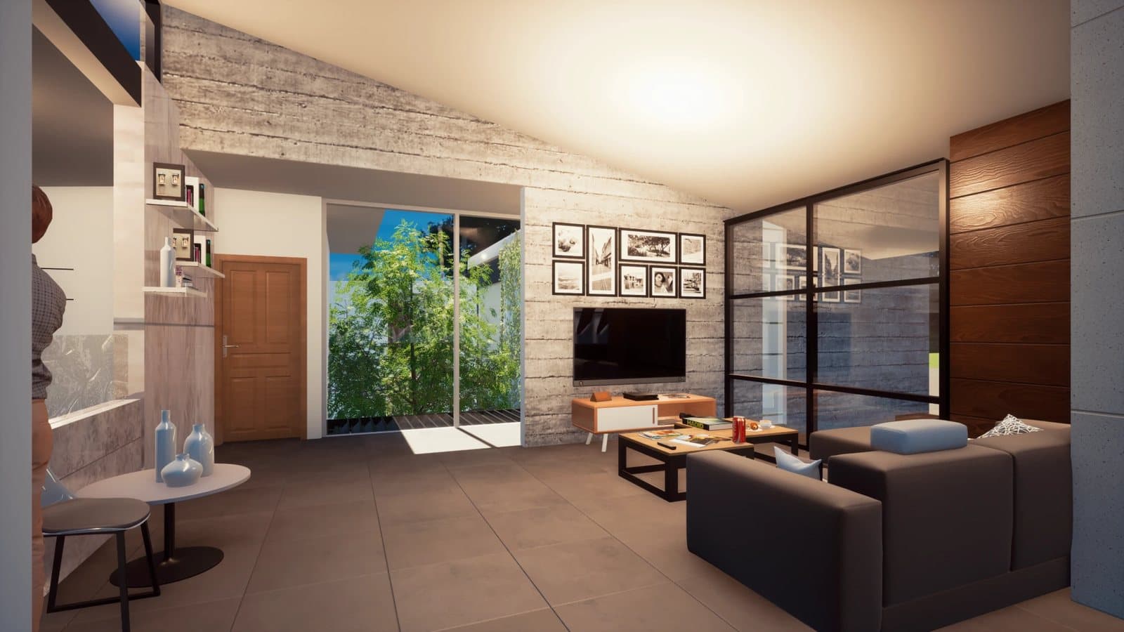 Render de la sala de Cocoyoc II con muro de concreto aparente