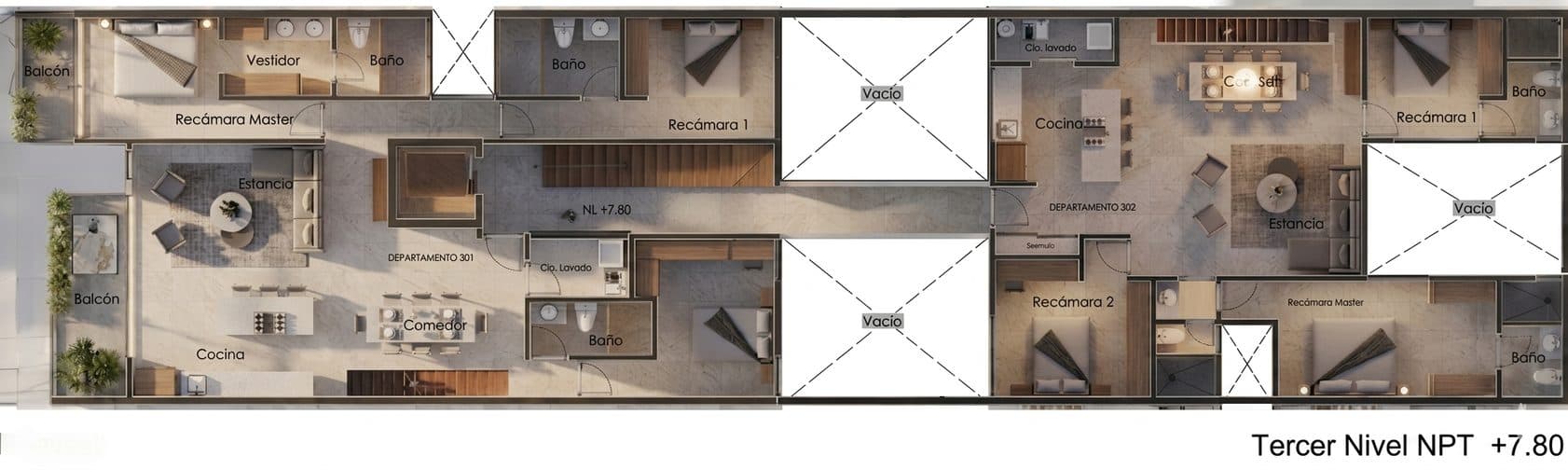 Plano de la planta tipo con dos departamentos